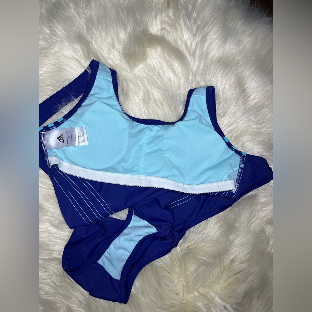 Adidas Royal blue and turquoise logo one pc low back Swimsuit sz small - Picture 9 of 10